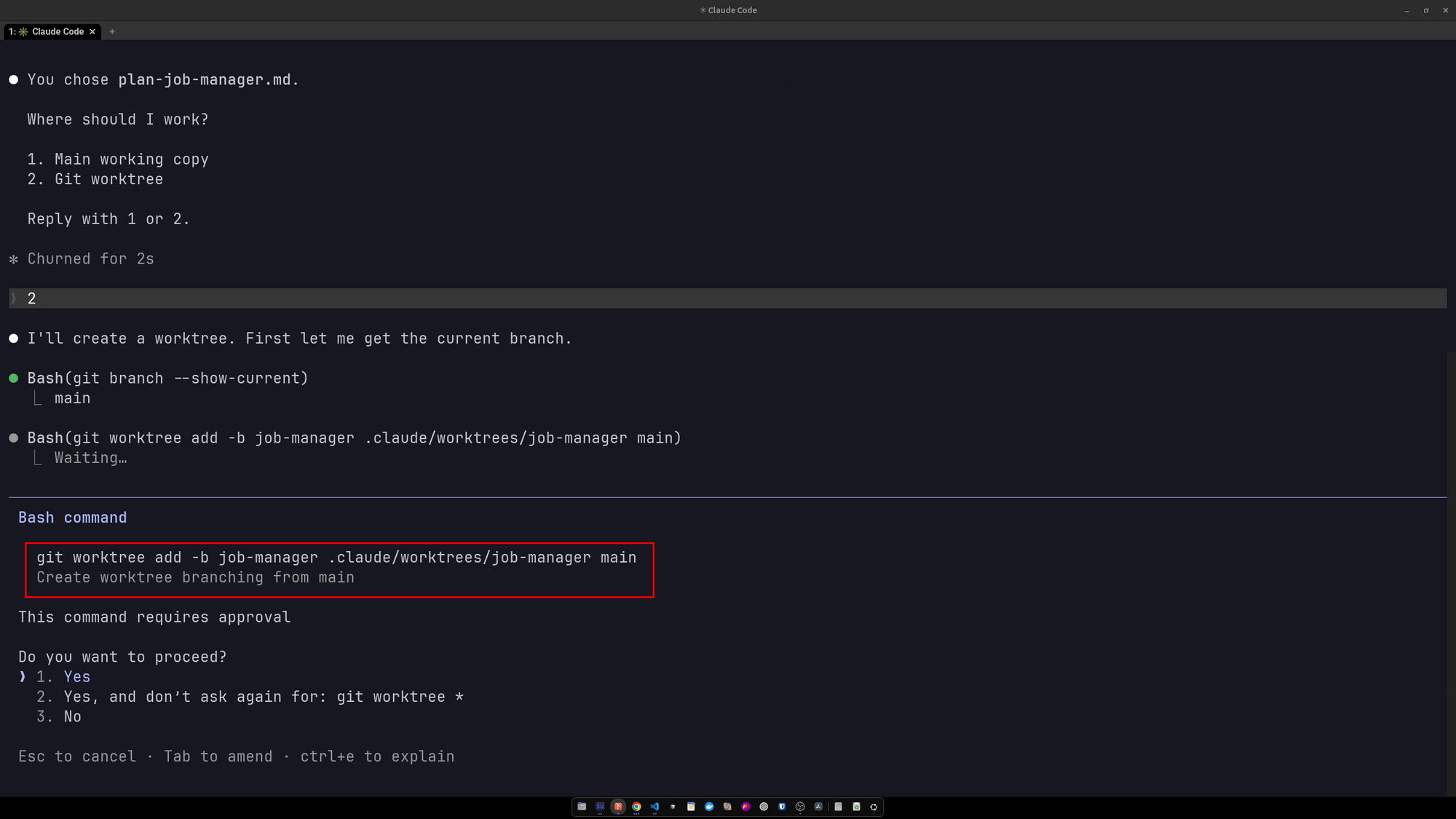 git worktree add prompt Claude Code asking permission to run git worktree add